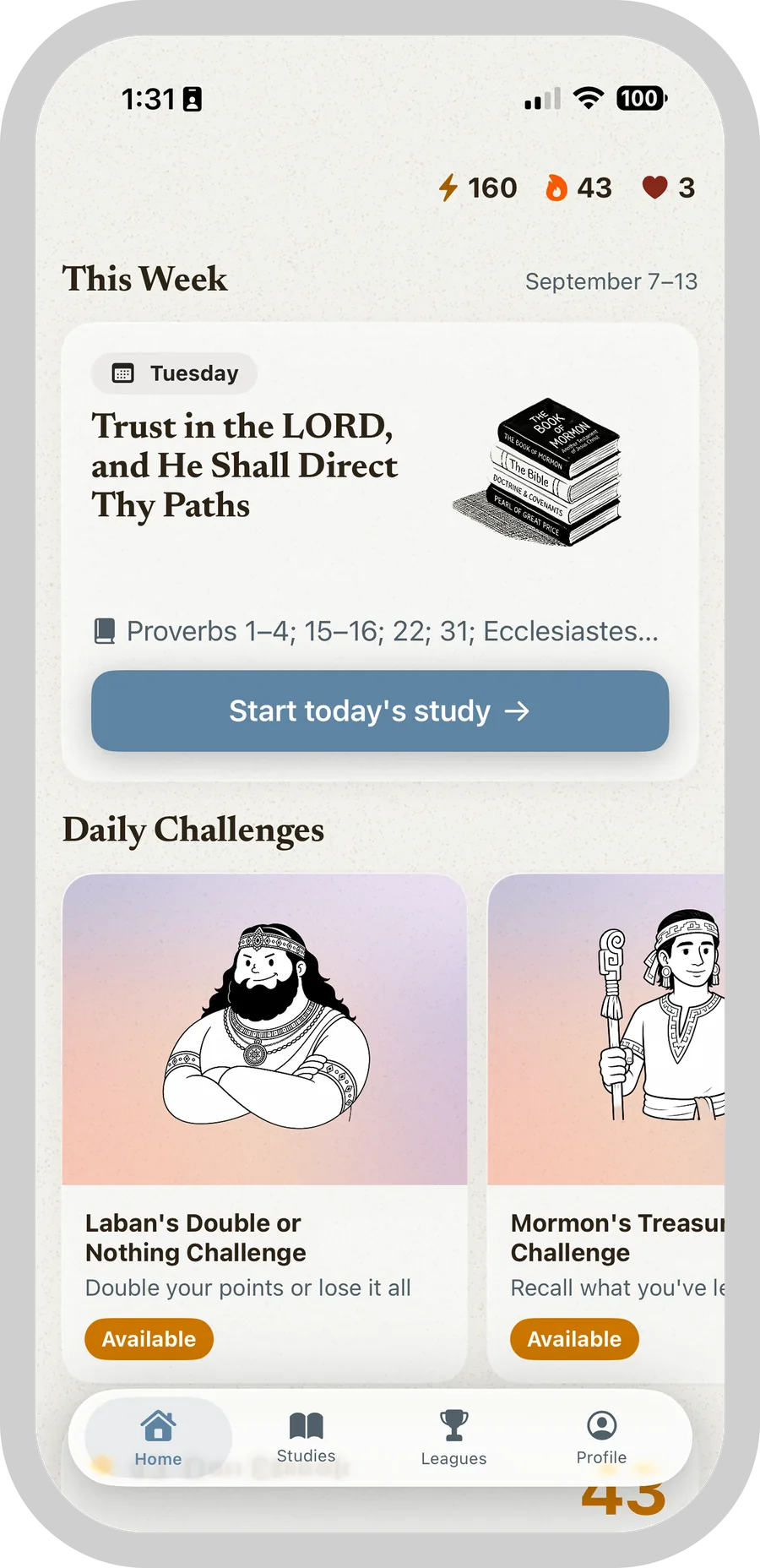 The Talmage home screen showing this week's study and the daily challenges.