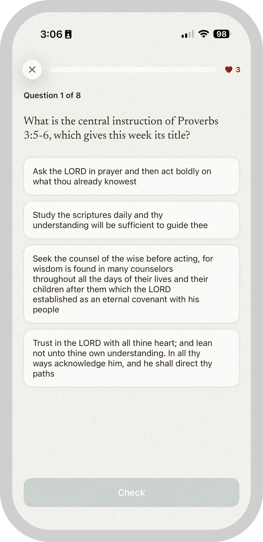 A Talmage quiz question about the central instruction of Proverbs 3.