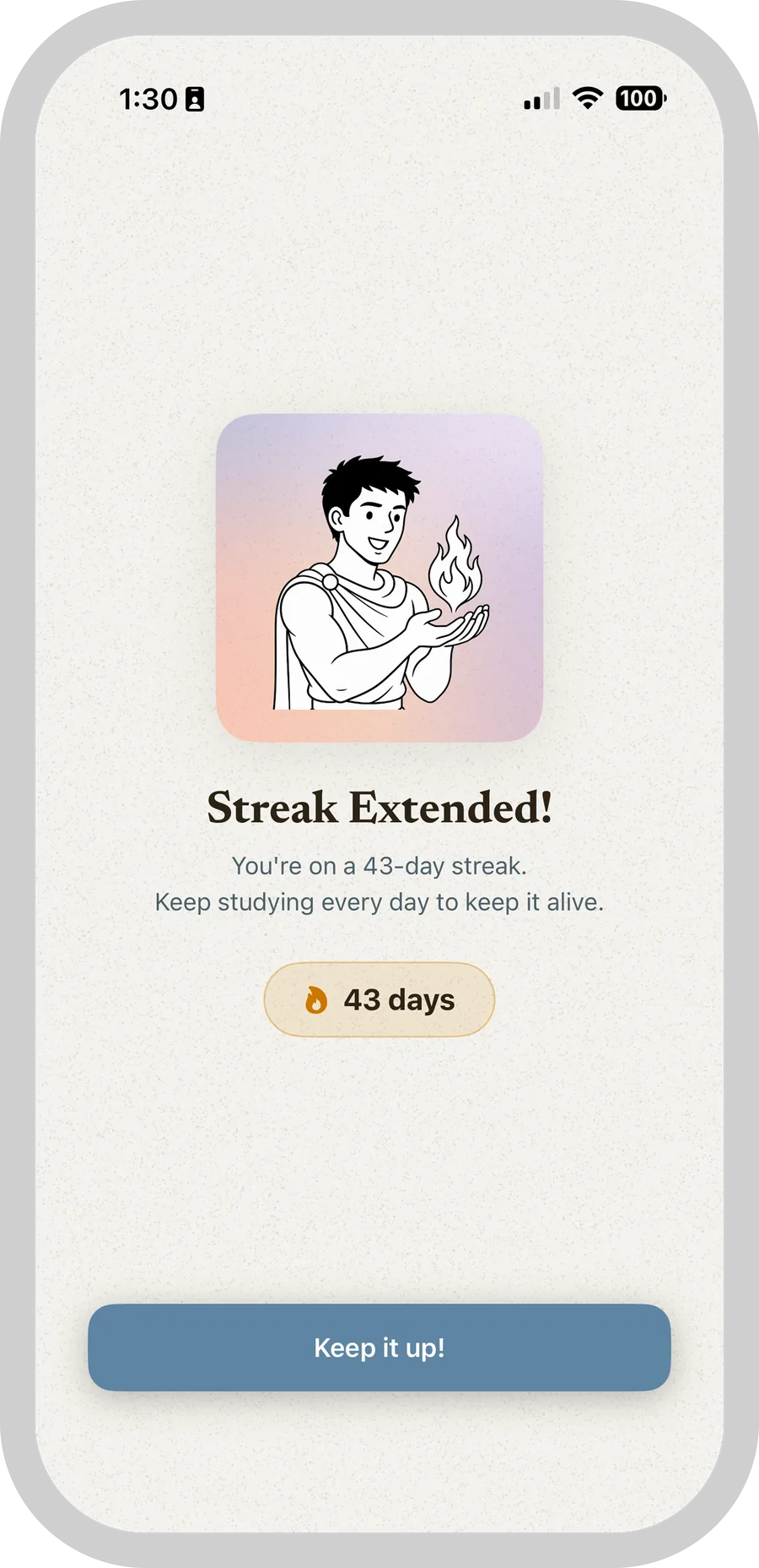 Talmage celebrating a 43-day study streak.